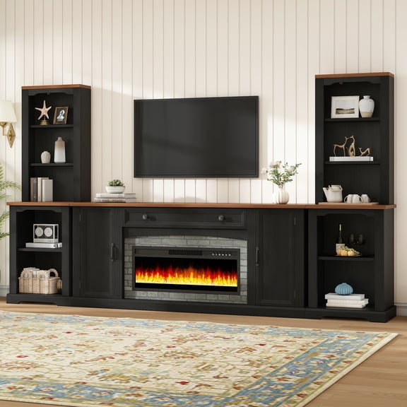 DTTRA 109" 3-Piece Electric Fireplace TV Stand Set for TVs up to 70", Farmhouse Entertainment Center with Heater & Multi-Color Flames, 2 Curved Bookshelves & Drawer for Living Room, Black