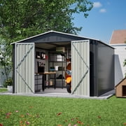 DTTRA 10x10 ft Outdoor Metal Storage Shed with Lockable Sliding Double Doors, Heavy Duty Galvanized Steel Garden Tool House with Air Vents and Sloped Roof for Backyard Patio Lawn Equipment, Black