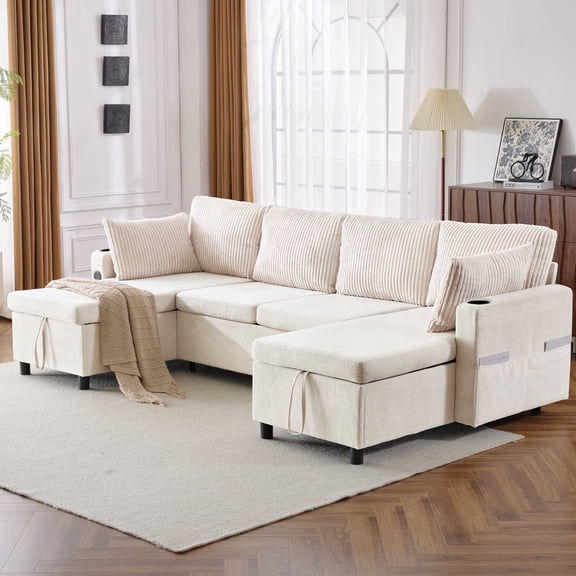 DTTRA 111.8 Inch Modular Sectional Sofa with Pull Out Bed, U Shaped 4 Seat Sectional Sleeper Sofa with Storage, Sectional Couches for Living Room, Cloud Modular Couch, 2 USB Ports + 2 Cup, Beige