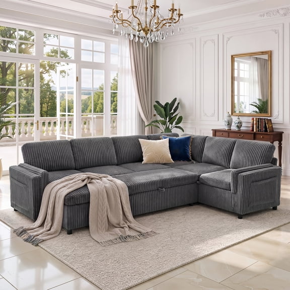 DTTRA 111" Corduroy U-Shaped Sectional Sofa Bed with Pull Out Sleeper, Gray