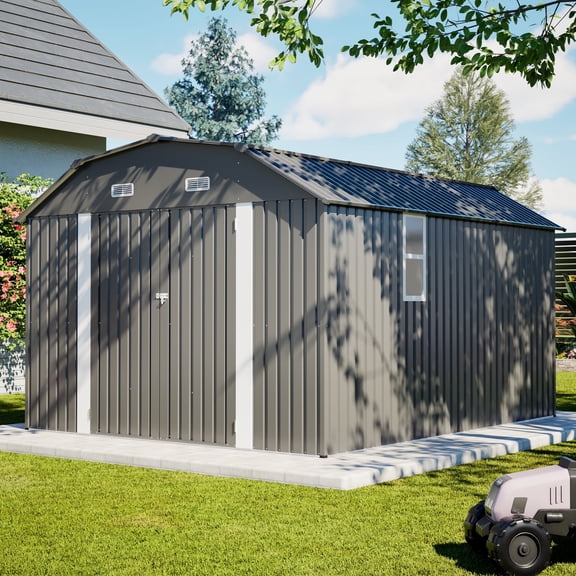 DTTRA 12 × 10 ft Outdoor Storage Shed, Heavy-Duty Metal Frame with Floor Kit, Weatherproof & UV Protected, Snow-Resistant Sloped Roof, Diamond-Shape Interior, Secure Multi-Purpose Backyard Storage