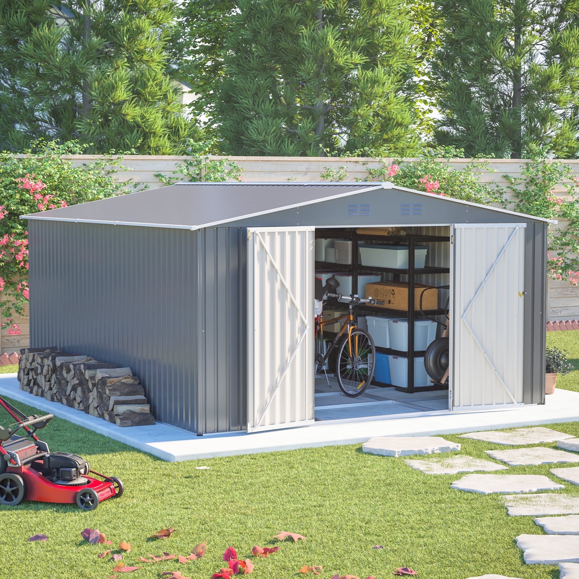 DTTRA 12 x 14 FT Outdoor Metal Storage Shed with Floor Frame Kit, Galvanized Steel Waterproof Garden Shed with Lockable Double Doors and 4 Vents, Building Tool Sheds for Backyard Patio Lawn, Gray