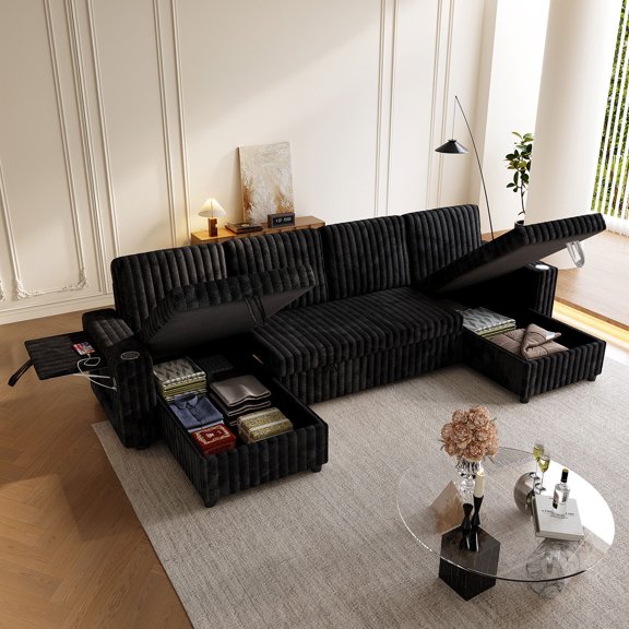 DTTRA 122" Oversized U-Shaped Modular Sleeper Sofa with Pull Out Bed, Double Storage Chaises, Charging Station and Cup Holders, Black