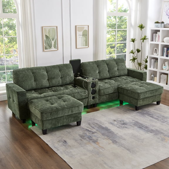 DTTRA 126" Chenille U-Shaped Sectional Sofa with Bluetooth Speaker & LED Lights, Green