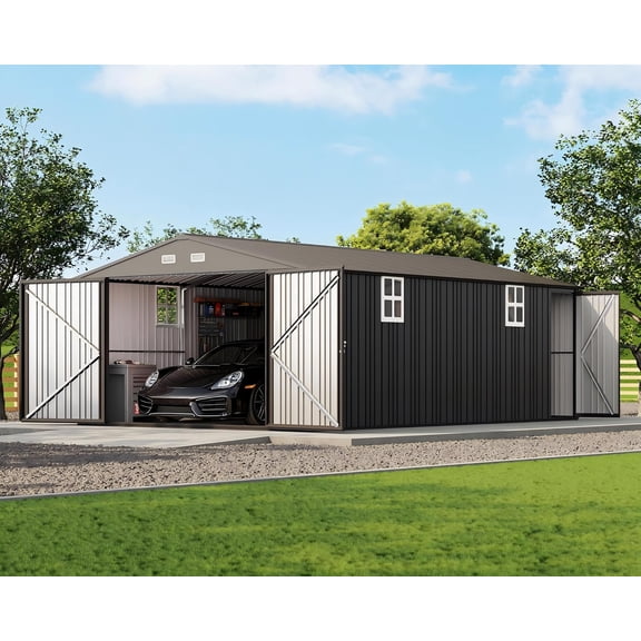DTTRA 12x20 FT Heavy Duty Metal Garage Shed, Outdoor Storage Building with Double Doors & 2 Windows, Waterproof All-Weather Steel Carport for Car, Truck & Lawnmower, Dark Gray