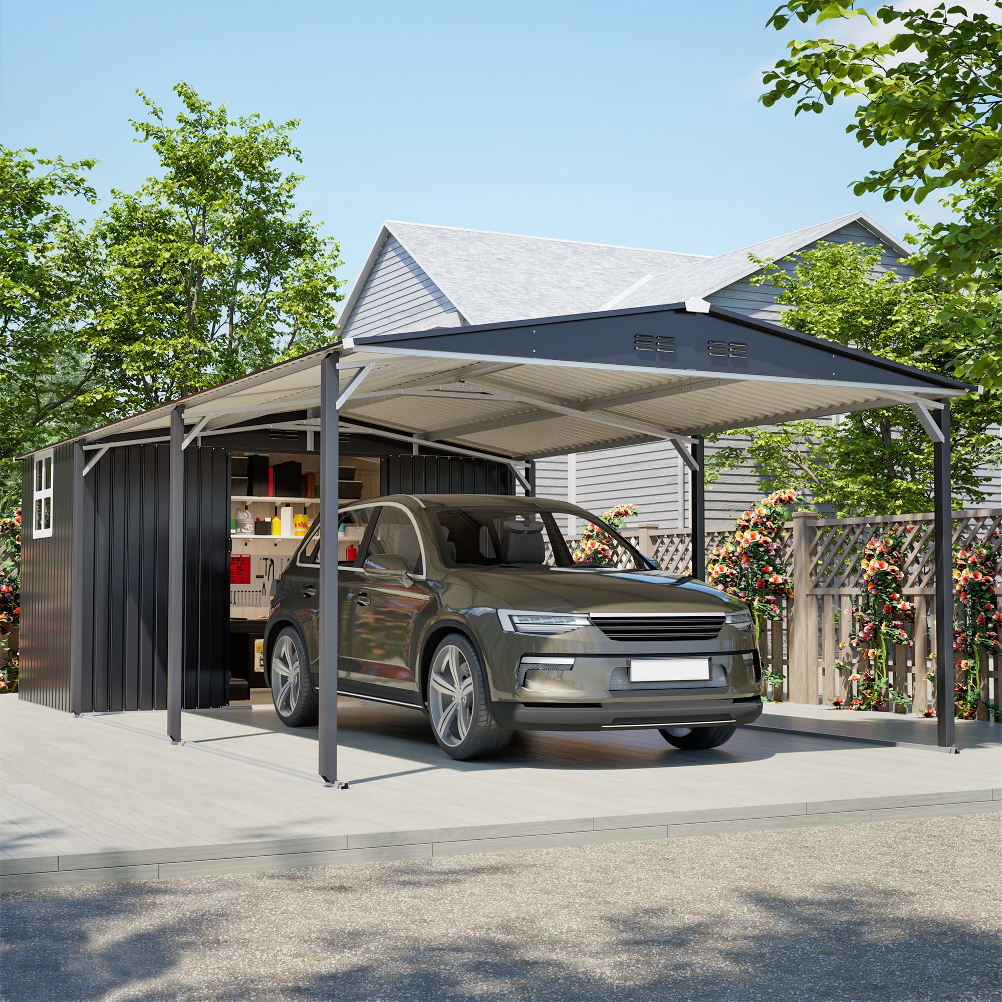 DTTRA 12x23 FT Metal Carport and Storage Shed Combo, Heavy Duty Steel Garage Shelter with Sliding Door, UV Panel, Air Vents & Sloped Roof for Car, Boat and Tractor, Gray