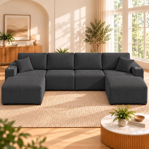 DTTRA 130" U-Shaped Boneless Modular Sectional Sofa with Double Chaise, 6 Seats, Corduroy, Black