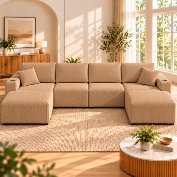 DTTRA 130" U-Shaped Boneless Modular Sectional Sofa with Double Chaise, 6 Seats, Corduroy, Brown