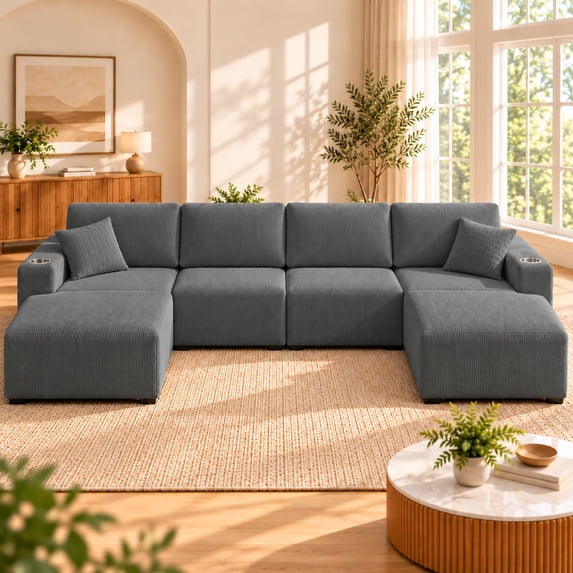 DTTRA 130" U-Shaped Boneless Modular Sectional Sofa with Double Chaise, 6 Seats, Corduroy, Gray
