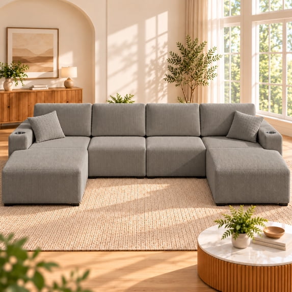 DTTRA 130" U-Shaped Boneless Modular Sectional Sofa with Double Chaise, 6 Seats, Corduroy, Taupe