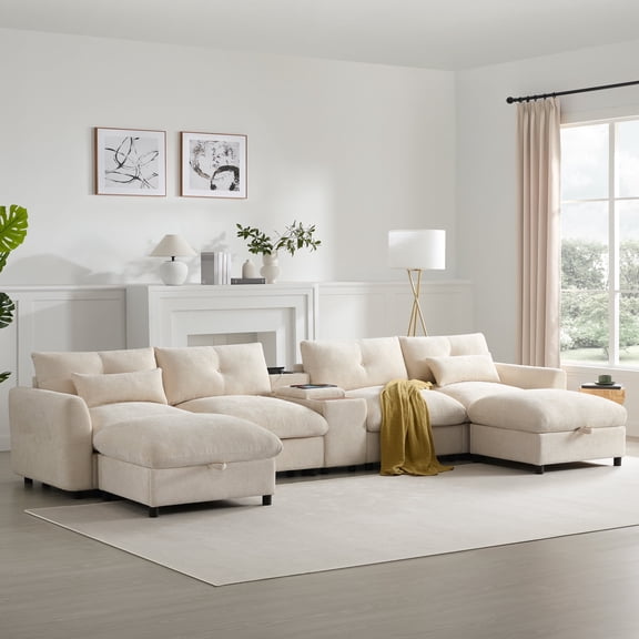 DTTRA 136" Modular Sectional Sofa with 2 Storage Ottomans, U-Shaped 6-Seat Chenille Cloud Couch with Multi-Function Console, Cup Holder, USB Charger for Living Room, Bedroom and Apartment, Beige
