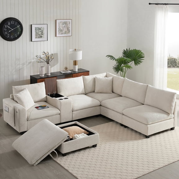 DTTRA 139" Oversized U-Shaped Modular Sectional Sofa, 6-Seater Corduroy Couch with Storage Ottoman, Cup Holder Console, USB Charging Ports & Extra Wide Seats for Living Room, Beige