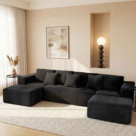 DTTRA 132" U-Shaped Boneless Couch for Living Room, 4-Seater Modular Sectional Sofa with Reversible Chaise Lounge, Deep Seat Comfy Corduroy Cloud Couch, No Assembly Required, Black