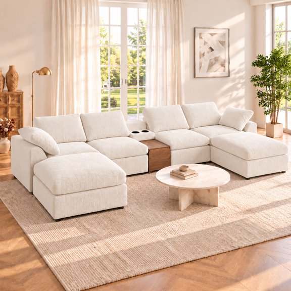 DTTRA 155" U-Shaped Modular Sectional Sofa with Storage Console, 6-Seat Chenille Couch, White