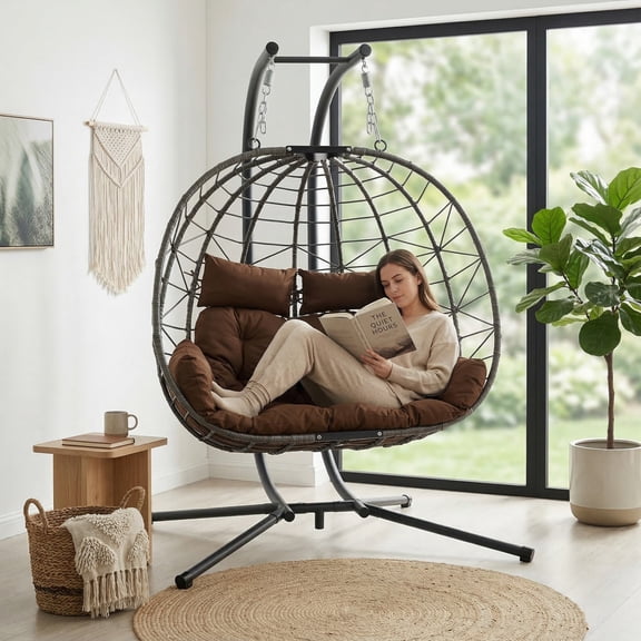 DTTRA 2-Person Double Hanging Egg Chair with Stand, Oversized Wicker Hammock Swing Loveseat with Plush Cushions and Headrests for Indoor Outdoor Patio Balcony Bedroom, Brown