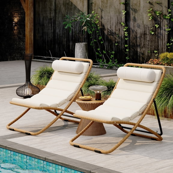 DTTRA 2-Piece Rattan Outdoor Folding Chair Set with Thick Cushions, Portable Patio Recliners with 2-Position Adjustable Backrest & Detachable Headrest for Poolside, Beach, Camping, Yellow