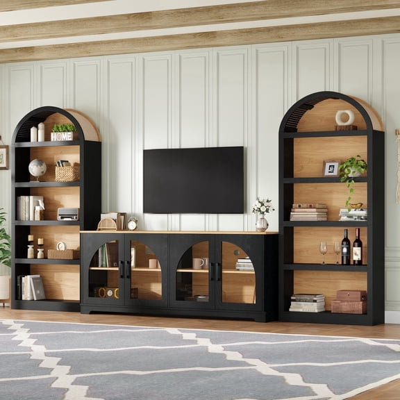 DTTRA 3-Piece TV Stand Set with 2 Arched Bookshelves for TVs up to 70", Black & Natural