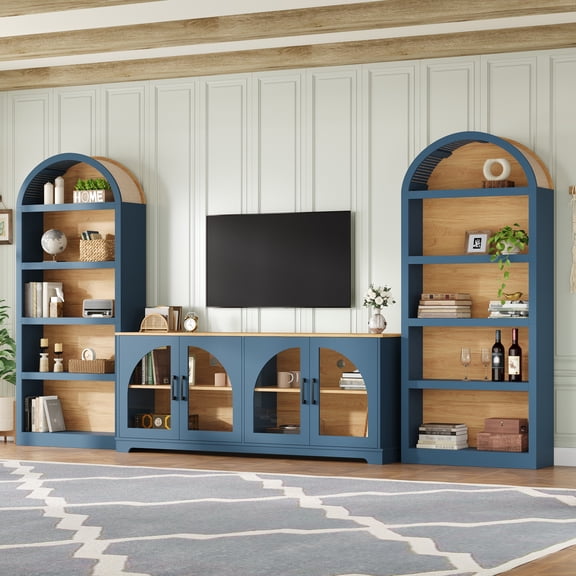 DTTRA 3-Piece TV Stand Set with 2 Arched Bookshelves for TVs up to 70", Blue & Natural