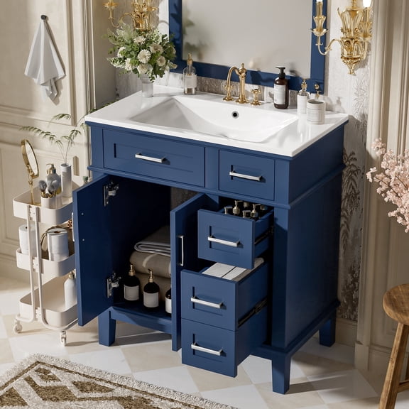 DTTRA 30" Freestanding Bathroom Vanity with Ceramic Sink, Modern Wood Storage Cabinet with 2 Soft-Close Doors, Deep Drawer & Standard Drawer, Zinc Alloy Handles, Blue