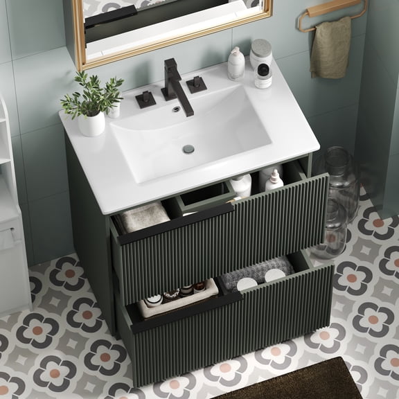 DTTRA 30" Freestanding Bathroom Vanity with Ceramic Sink, Full-Extension Drawers, Undermount Drawer Slides, Green
