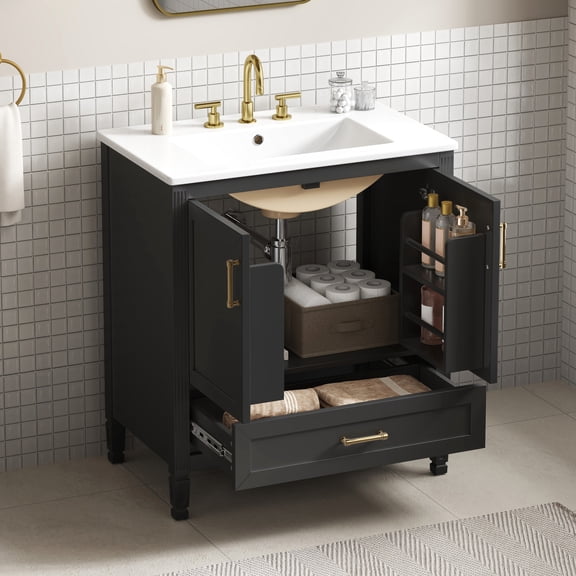 DTTRA 30" Solid Wood Bathroom Vanity Combo with Ceramic Sink & Door Racks, Black