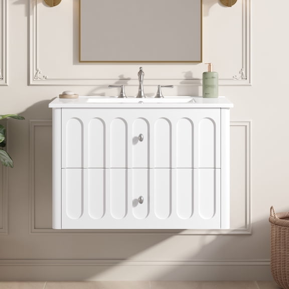 DTTRA 30" Wood Modern Floating Wall Mounted Bathroom Vanity with Ceramic Sink, White