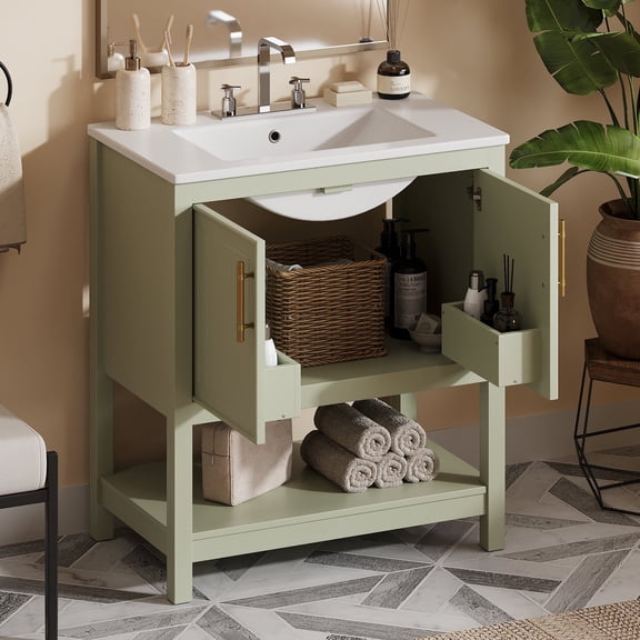 DTTRA 30 in Green Bathroom Vanity with Ceramic Sink, 2 Doors, 2 Storage Boxes, Soft Close & Open Shelf for Small Bathrooms