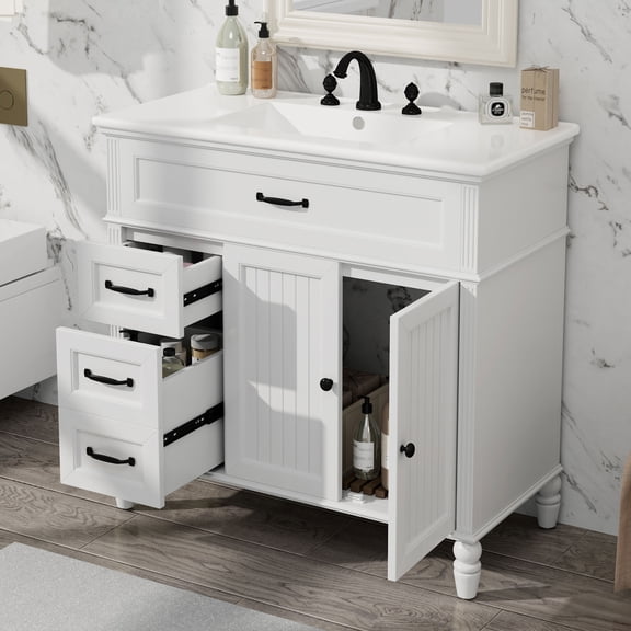 DTTRA 36" Bathroom Vanity with Ceramic Sink, Freestanding Cabinet with Drawers & Doors, Acacia Wood Frame, White