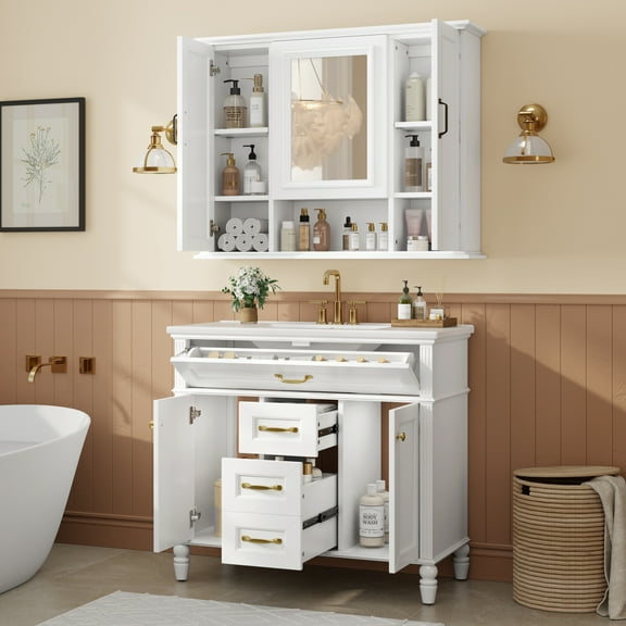 DTTRA 36 Inch Bathroom Vanity with Sink and Mirror Cabinet, Modern Freestanding Vanity with Soft Close Doors and Drawers, MDF & Solid Wood Frame, Ample Storage, Ceramic Top, Single Sink, White