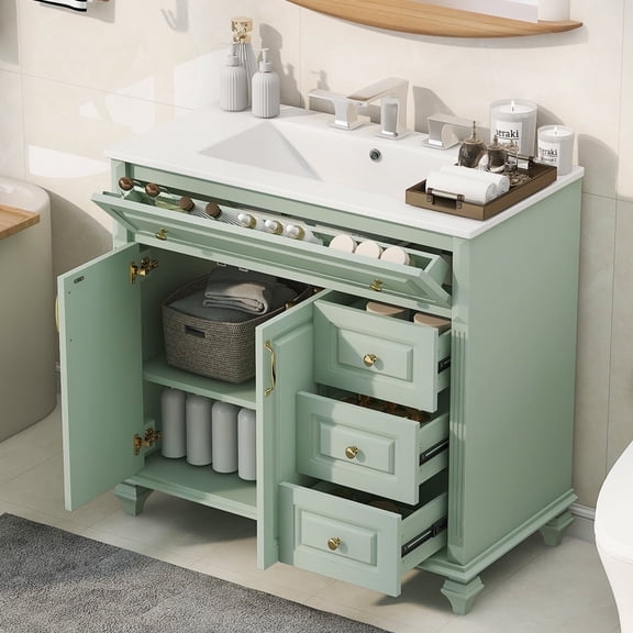 DTTRA 36 Inch Green Bathroom Vanity with Ceramic Sink, Flip-Out Drawer, 3 Drawers, 2 Soft-Close Doors, Gold Handles, Solid Wood & MDF, Freestanding Cabinet for Modern Bathrooms