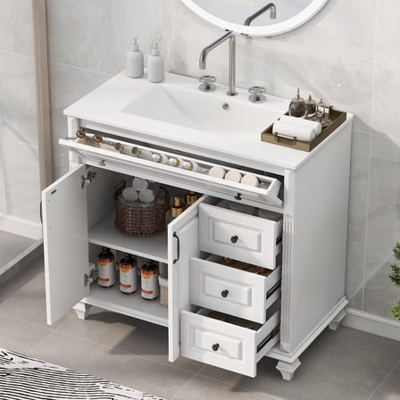 DTTRA 36" Bathroom Vanity with Ceramic Sink, Flip-Out Drawer, Soft-Close Doors, Freestanding, White (Black Handle)