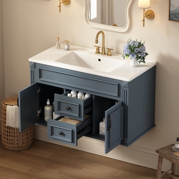 DTTRA 36" Wood French Floating Wall Mounted Bathroom Vanity with Ceramic Sink, Blue
