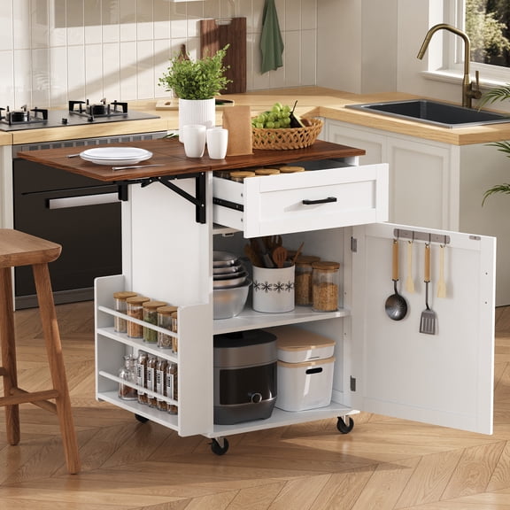 DTTRA 39.3" Farmhouse Rolling Kitchen Island Cart with Drop Leaf, Mobile Prep Table with Storage Cabinet, Drawer, 2-Tier Open Side Rack & Towel Bar for Dining Room, White