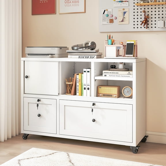 DTTRA 39.3" Wide Metal Lateral File Cabinet with Lock, 2-Drawer Rolling Filing Cabinet for Home Office, Holds Legal/Letter/A4 Files, Anti-Tip Storage Printer Stand on Wheels, White