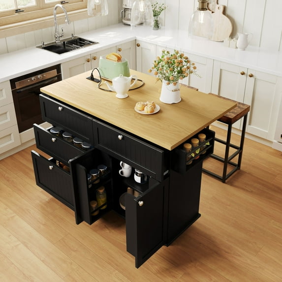 DTTRA 47" Farmhouse Kitchen Island Set with 2 Stools, Drop Leaf Table & Power Outlet, Black