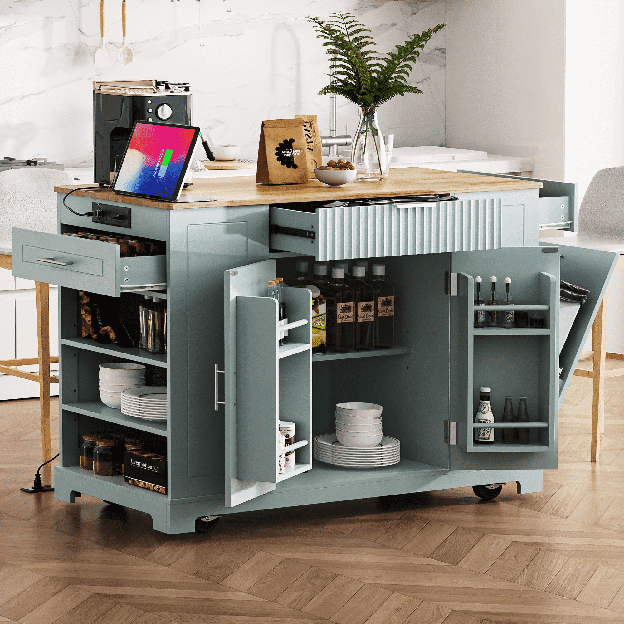 DTTRA 47" Kitchen Island with Hidden Trash Can Storage Cabinet, Rubber Wood Top Rolling Kitchen Cart on 5 Wheels with Power Outlet, 3 Drawers & Open Side Racks, Ideal for Home and Dining Room, Blue