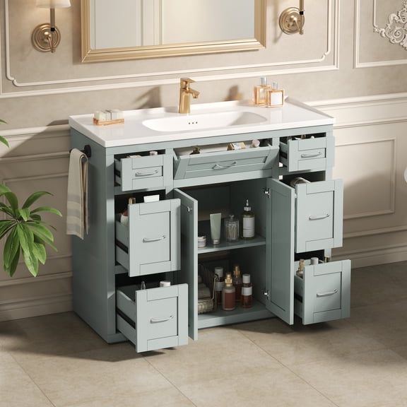 DTTRA 48" Bathroom Vanity with Ceramic Sink & Countertop, Freestanding Wood Cabinet with 7 Drawers & Towel Rack, Mint Green