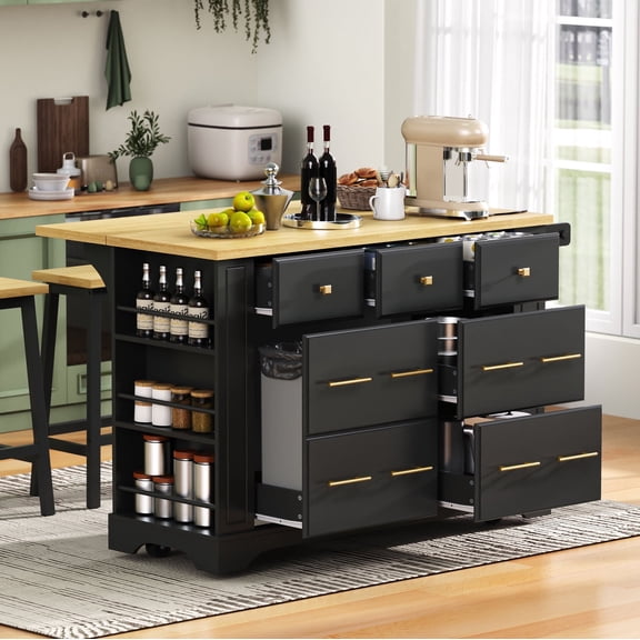 DTTRA 51" Kitchen Island with 6 Drawers & Pull-Out Trash Cabinet, Drop Leaf & Power Outlet, Black