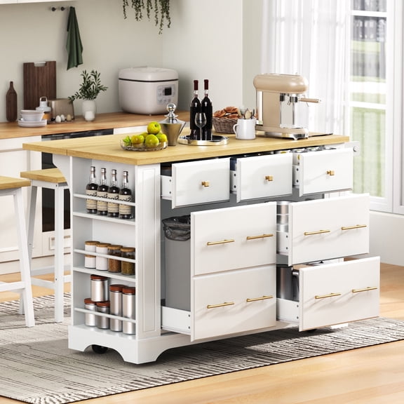 DTTRA 51" Kitchen Island with 6 Drawers & Pull-Out Trash Cabinet, Drop Leaf & Power Outlet, White