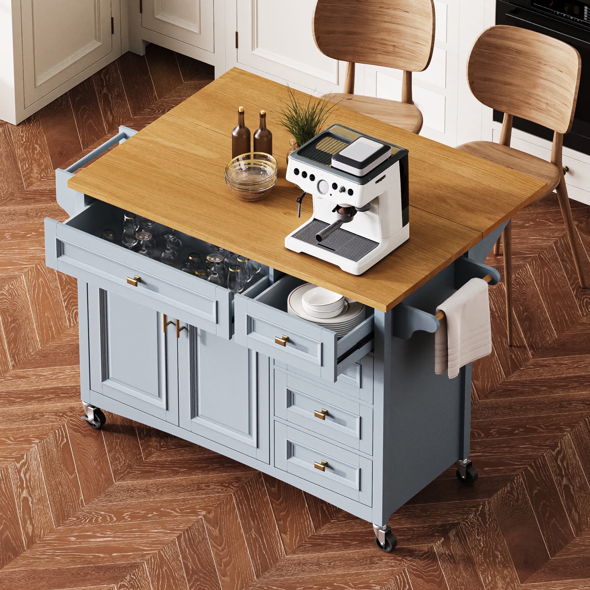 DTTRA 52'' Kitchen Island with Drop Leaf, Embossed Texture Kitchen Island on Wheels with Spice Rack, Towel Rack, 2 Doors and 5 Drawers, Kitchen Storage Cart with Adjustable Shelf for Kitchen, Blue