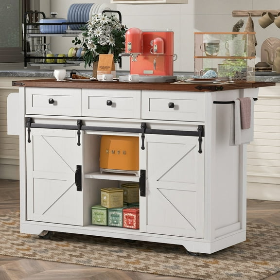 DTTRA 53.7" Farmhouse Kitchen Island with Power Outlet, Drop Leaf & Sliding Barn Doors, Rustic Brown Wood Top Rolling Kitchen Cart with Drawers & Shelves, Storage Island for Kitchen or Dining Room