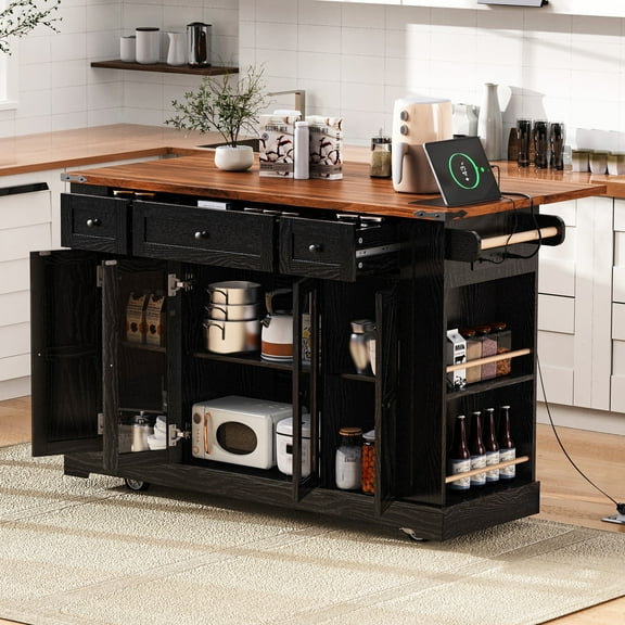 DTTRA 53'' Farmhouse Kitchen Island with Two Tempered Glass Cabinet Doors, Power Outlet, Rolling Kitchen Cart on Wheels with Drop Leaf, 5 Open Side Racks, 3 Drawers, for Kitchen, Dining Room, Black