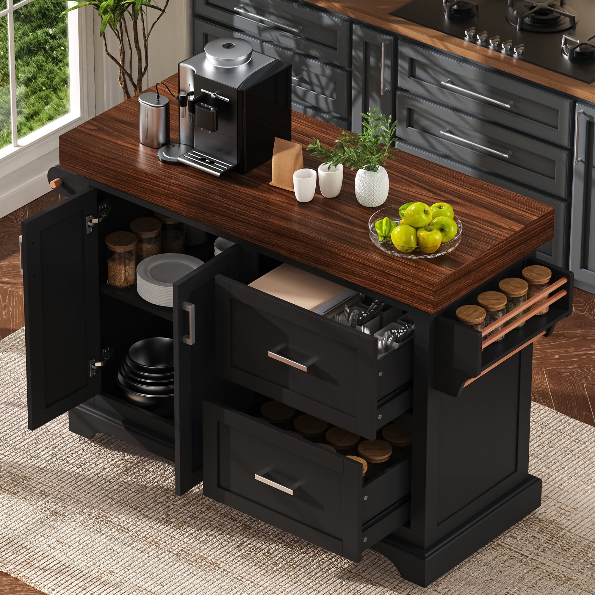 DTTRA 53" Rolling Kitchen Island Cart with 3.5" Thick Wood Top & Storage, Black