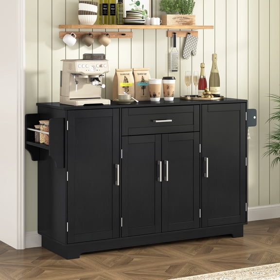 DTTRA 54.3" Modern Sideboard Buffet Cabinet with 4 Doors & 1 Drawer, MDF Kitchen Storage Console Table with Adjustable Shelves, Side Rack, Hanging Rod & Aluminum Handles for Dining Room, Black