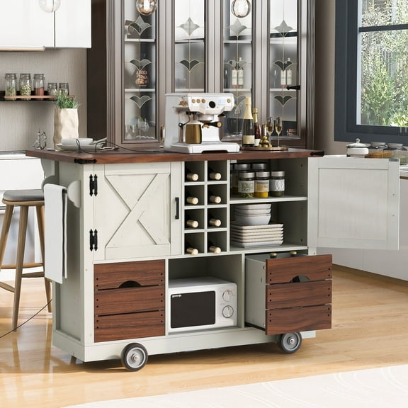 DTTRA 54" Farmhouse Kitchen Island with Drop Leaf & Power Outlet, Rolling Storage Cart, White