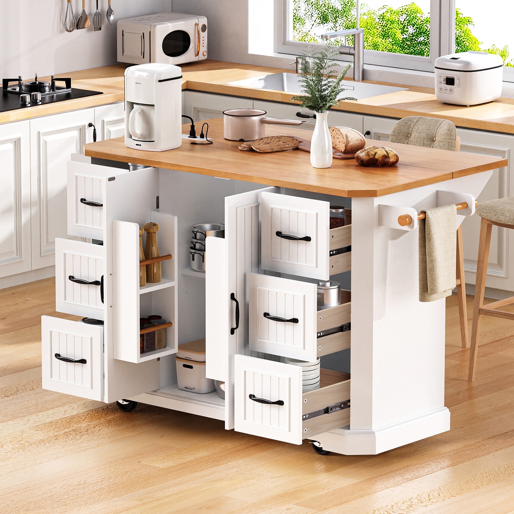 DTTRA 56" Kitchen Island with Drop Leaf & Power Outlet, Rolling Kitchen Cart on Wheels with 6 Drawers, 4-Door Shelves & Rubber Wood Top, Mobile Storage Cabinet for Kitchen & Dining Room, White