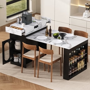 DTTRA 57.7" Extendable Rolling Kitchen Island with Folding Dining Table, Glass Door Storage, Drawers, Power Outlet and Side Hooks, Black