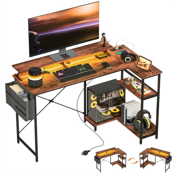 DTTRA 58" Reversible L-Shaped Computer Desk with Power Outlet and LED Lights, Brown