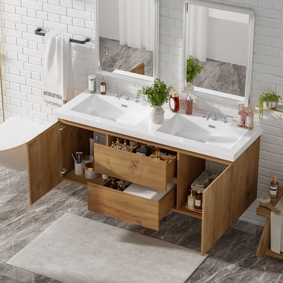 DTTRA 59.3" Wall Mounted Double Bathroom Vanity, 2 Doors and Divided Drawers, Wood