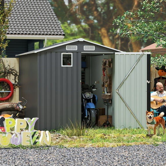 DTTRA 6 x 8 FT Outdoor Steel Storage Shed, Compact Metal Tool Shed with Lockable Doors and Clear Window, Weather-Resistant Garden Utility Shed for Backyard, Patio & Bike Storage
